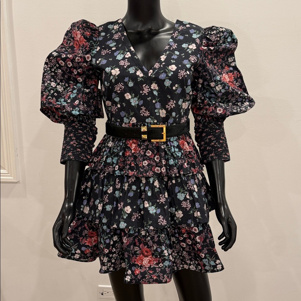 LoveShackFancy Black Floral Mini Dress